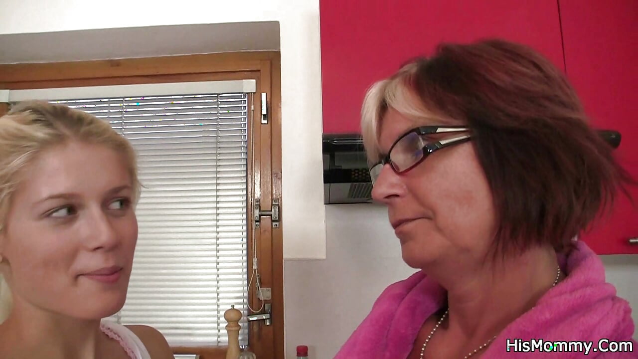 Lesbian blonde teen and mom toying on kitchen